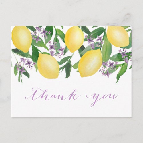 Lemons Lavender Bridal Shower Thank You Postcard - Handpainted watercolor lemons and calligraphy script decorate this postcard design which would be perfect for economical thank you cards for a baby or bridal shower.