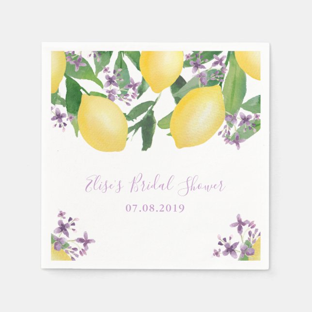Lemons Lavender Purple Flowers Bridal Shower Party Napkins (Front)