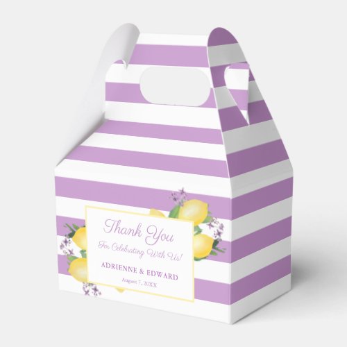 Lemons Lavender Purple Stripes Wedding Shower Favor Box - Stylish favor boxes with mauve and white stripes and lemon sprig accents.