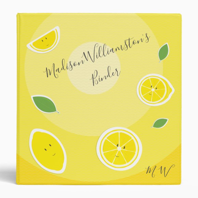 Lemons Leaf Faux Stickers Name Initials Fruit Food 3 Ring Binder (Front)