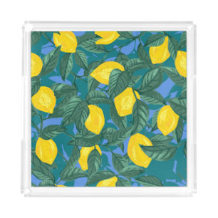 Lemons, leaves: citrus tropical pattern. acrylic tray