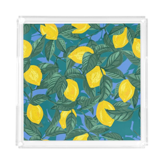 Lemons, leaves: citrus tropical pattern. acrylic tray (Front)