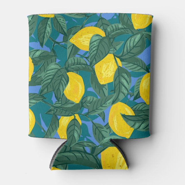 Lemons, leaves: citrus tropical pattern. can cooler (Front)