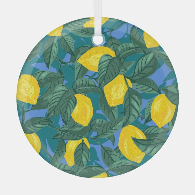 Lemons, leaves: citrus tropical pattern. glass ornament (Front)