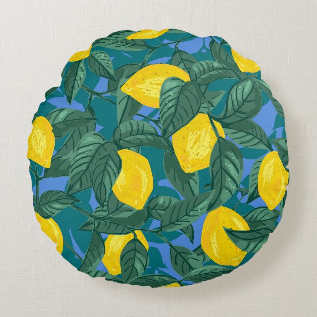 Lemons, leaves: citrus tropical pattern. round pillow (Front)