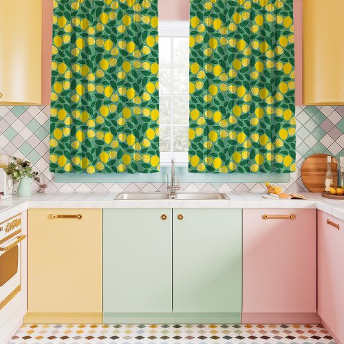 Lemons Leaves On Green Kitschy Kitchen Curtains