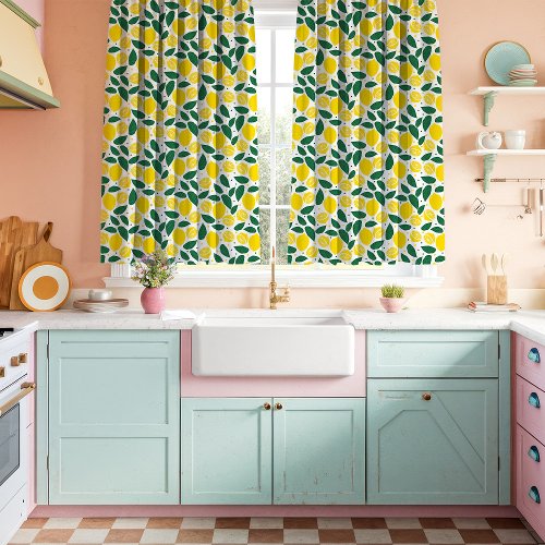 Lemons Leaves On White Kitschy Kitchen Curtains