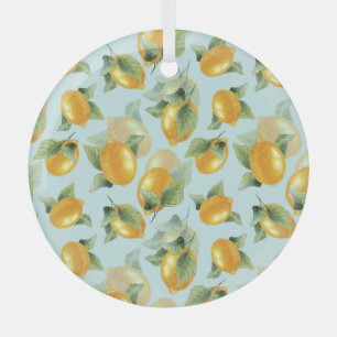 Lemons Leaves: Watercolor Seamless Print Glass Ornament