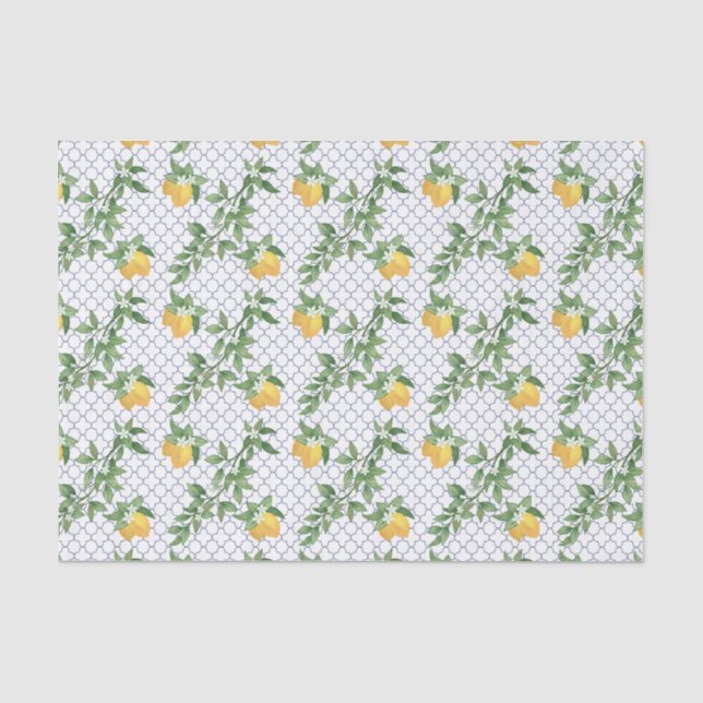 Lemons Leaves White Tiles Botanical Fruit Tissue Paper (Front)