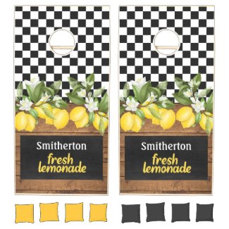 Lemons Lemonade Black White Checkered Wood Cornhol