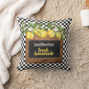 Lemons Lemonade Black White Checkered Wood Name Throw Pillow