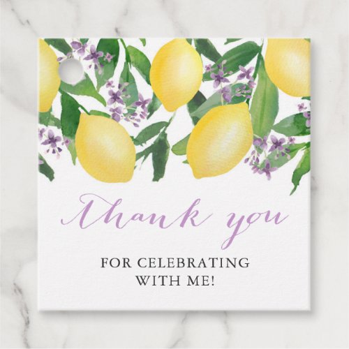 Lemons Lilac Bridal Shower or Baby Shower Favor Tags - Watercolor citrus lemons, glossy green leaves and pretty purple blossoms for these pretty favor tags. I've set the template up for a Bridal Shower but all of the text is completely customizable to your event.