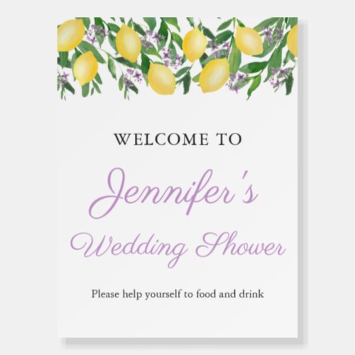 Lemons Lilac Citrus Wedding Shower Welcome Foam Board - Welcome guests to your event with this bold citrus sign featuring watercolor lemons and lavender and charcoal accents. 