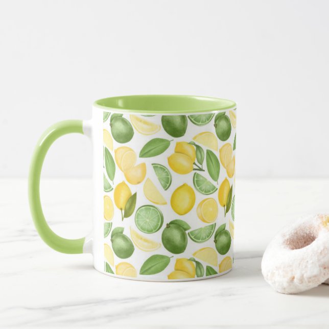 Lemons Limes Leaves Pattern Green Coffee Mug (With Donut)