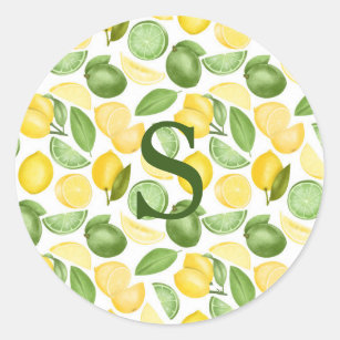 Lemons Limes Pattern Watercolor Monogram Simple Classic Round Sticker