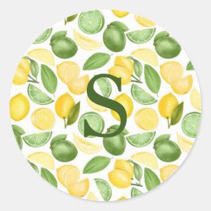 Lemons Limes Pattern Watercolor Monogram Simple Classic Round Sticker
