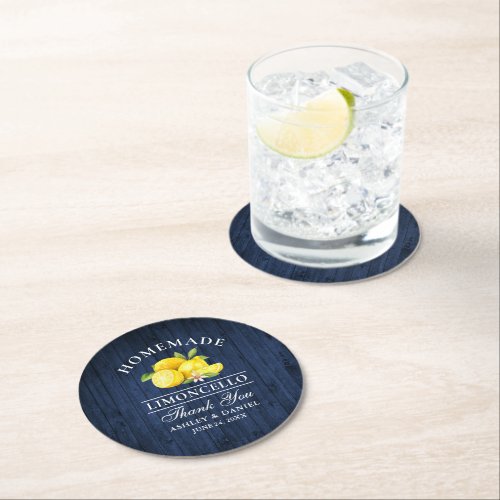 Lemons Limoncello Wedding Blue Faux Wood Round Paper Coaster