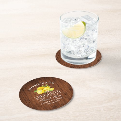 Lemons Limoncello Wedding Faux Wood Round Paper Coaster