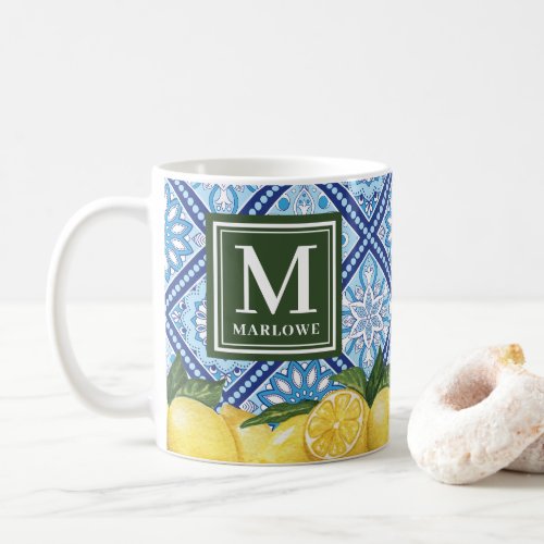 Lemons Mediterranean Blue Tiles Monogram Coffee Mug