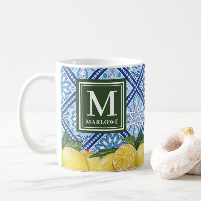 Lemons Mediterranean Blue Tiles Monogram Coffee Mug (With Donut)