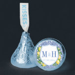 Lemons Mediterranean Blue White Tile Wedding Crest Hershey®'s Kisses®<br><div class="desc">This classic design features a simple and elegant couples crest monogram surrounded by watercolor lemons,  leaves and blossoms,  with blue and white vintage tile print background.</div>