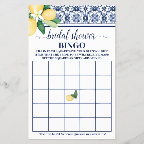 Lemons Mediterranean Bridal Shower Bingo Game Card Flyer