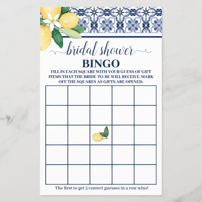 Lemons Mediterranean Bridal Shower Bingo Game Card Flyer (Front)
