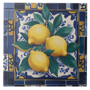 Lemons Mediterranean Dark Blue and Golden Yellow Ceramic Tile