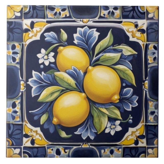 Lemons Mediterranean Dark Blue Italian Folk Art Ceramic Tile (Front)