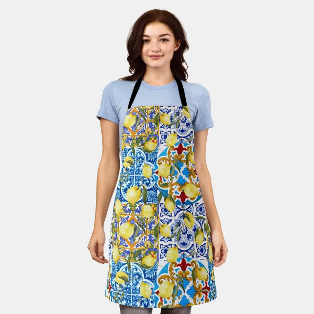 Lemons,Mediterranean,majolica,Italian tiles,summer Apron (Worn)
