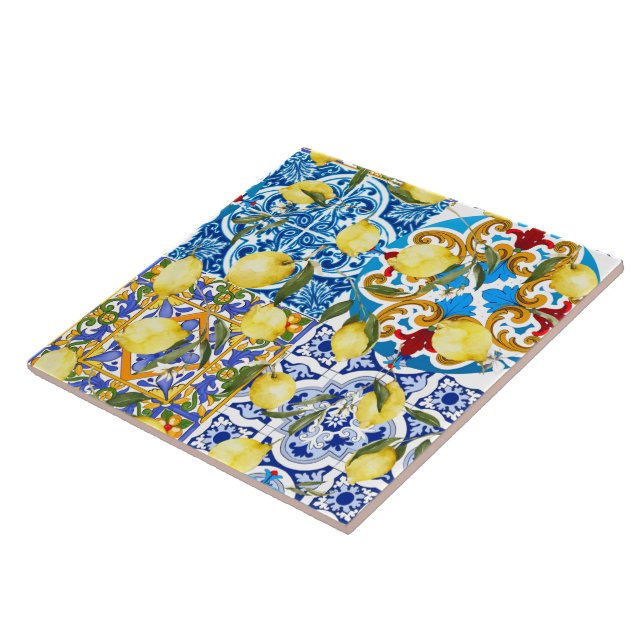 Lemons,Mediterranean,majolica,Italian tiles,summer Ceramic Tile (Side)