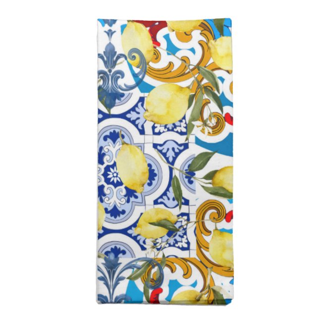 Lemons,Mediterranean,majolica,Italian tiles,summer Cloth Napkin (Folded)