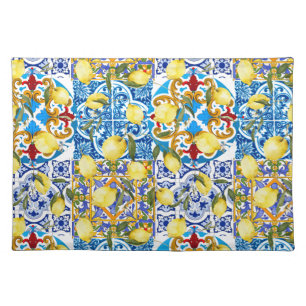 Lemons,Mediterranean,majolica,Italian tiles,summer Cloth Placemat