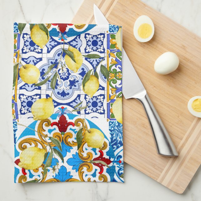 Lemons,Mediterranean,majolica,Italian tiles,summer Kitchen Towel (Quarter Fold)