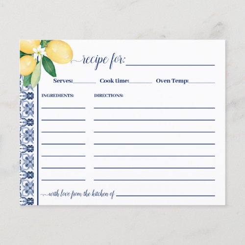 Lemons Mediterranean Recipe Card Bridal Shower