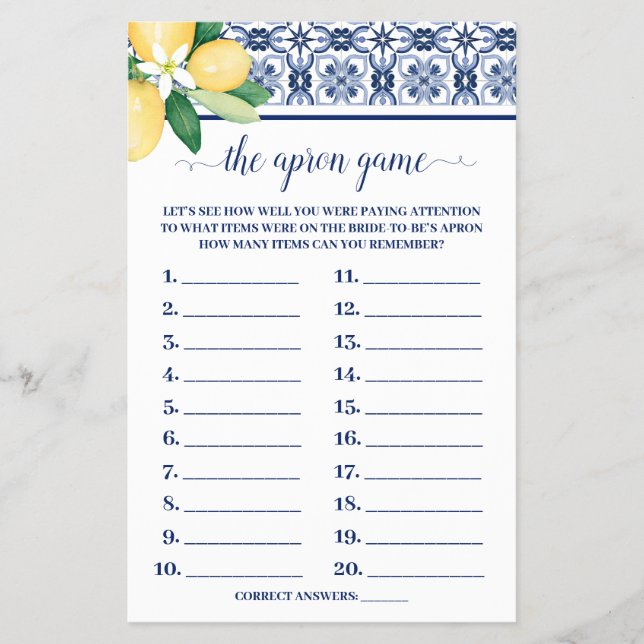Lemons Mediterranean The Apron Shower Game Card Flyer (Front)