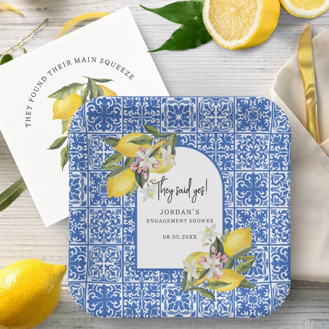 Lemons & Mediterranean Tile They Said Yes Shower Paper Plates (Creator Uploaded)