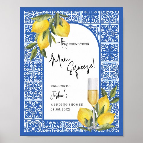 Lemons  Mediterranean Tile Wedding Shower Welcome Poster