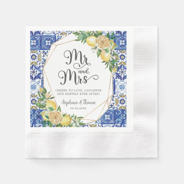 Lemons Meditteranean Mosaic Tile Wedding Mr & Mrs  Napkins (Front)