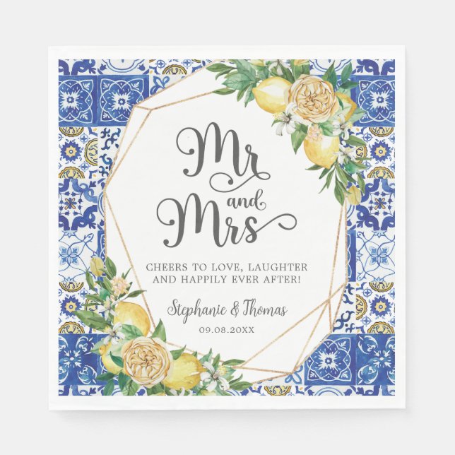 Lemons Meditteranean Mosaic Tile Wedding Mr & Mrs  Napkins (Front)