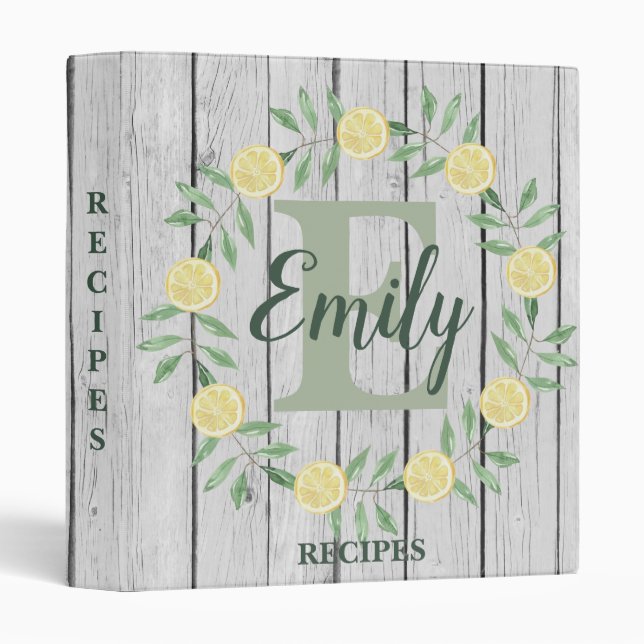 Lemons Monogram Custom Recipe Book 3 Ring Binder (Front/Spine)