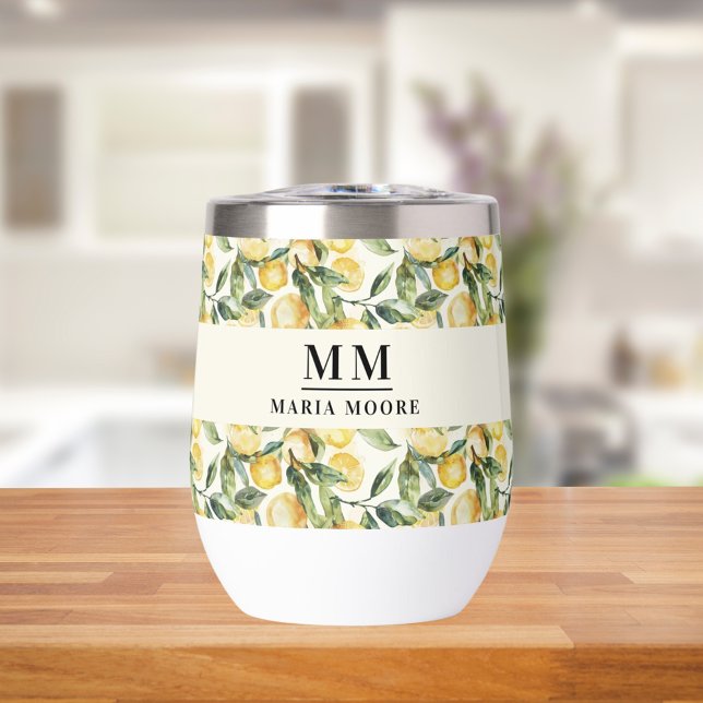 Lemons monogram initials name thermal wine tumbler (Creator Uploaded)