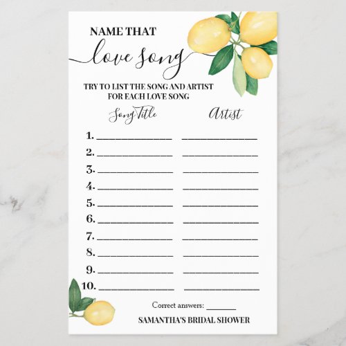 Lemons Name that Love Song Bridal Shower Game Card Flyer