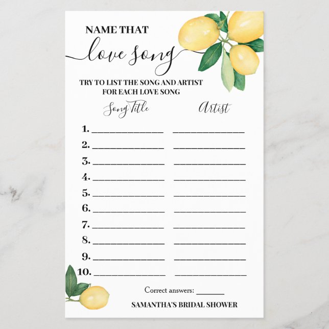 Lemons Name that Love Song Bridal Shower Game Card Flyer (Front)