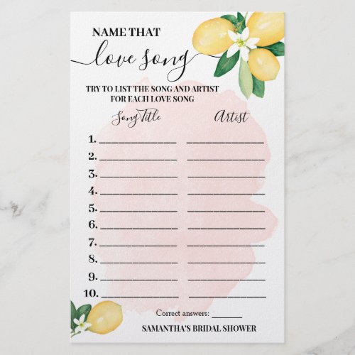 Lemons Name that Love Song Pink Shower Game Card Flyer