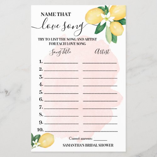 Lemons Name that Love Song Pink Shower Game Card Flyer