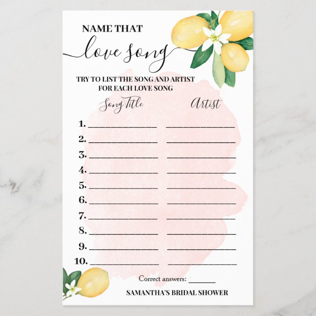 Lemons Name that Love Song Pink Shower Game Card Flyer (Front)