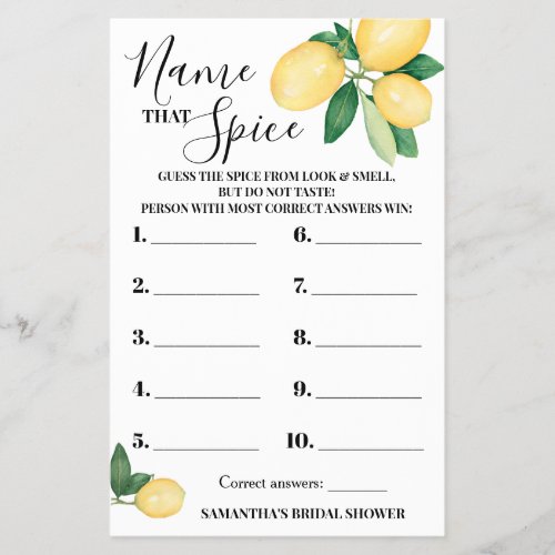 Lemons Name that Spice Bridal Shower Game Card Flyer