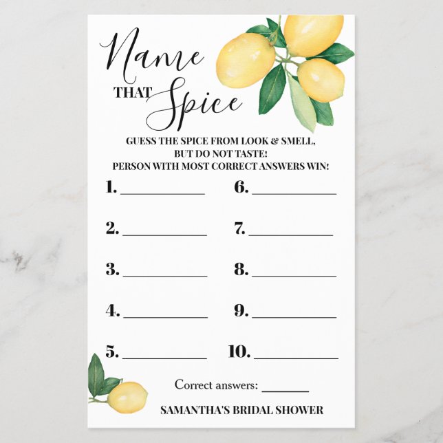 Lemons Name that Spice Bridal Shower Game Card Flyer (Front)