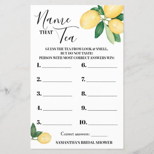 Lemons Name that Tea Bridal Shower Game Card Flyer